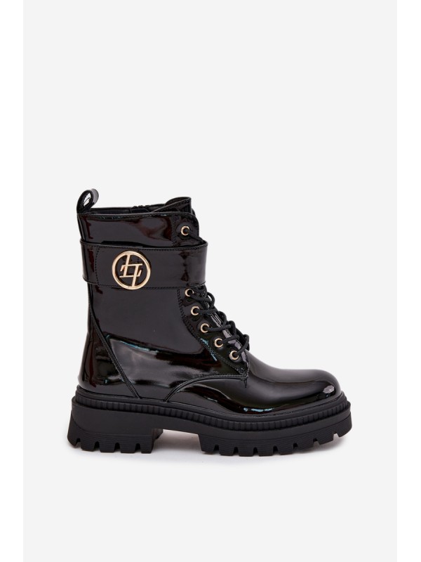 Lacquered ankle boots workers women's with golden detail insulated black Fiorena