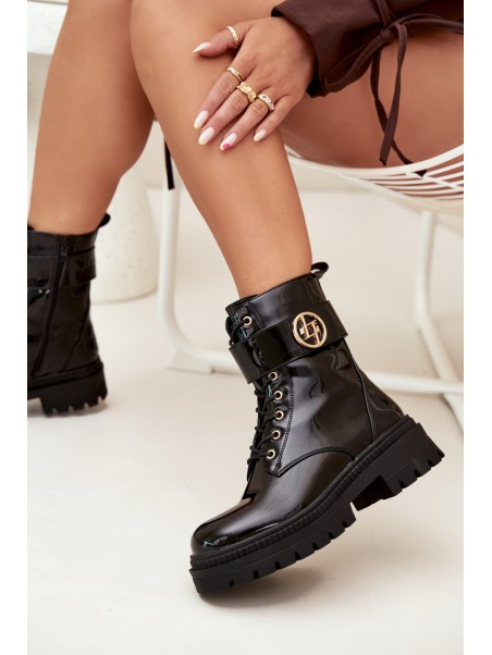 Lacquered ankle boots workers women's with golden detail insulated black Fiorena