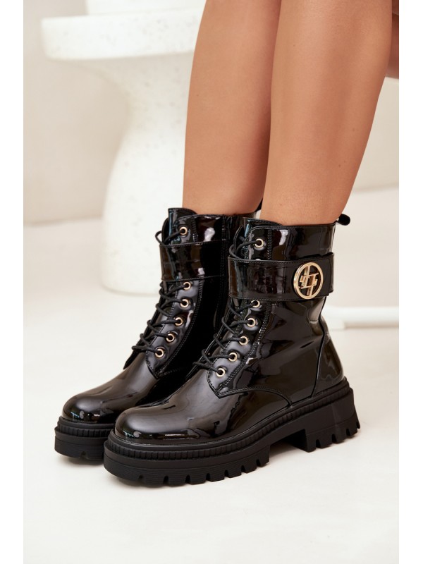 Lacquered ankle boots workers women's with golden detail insulated black Fiorena