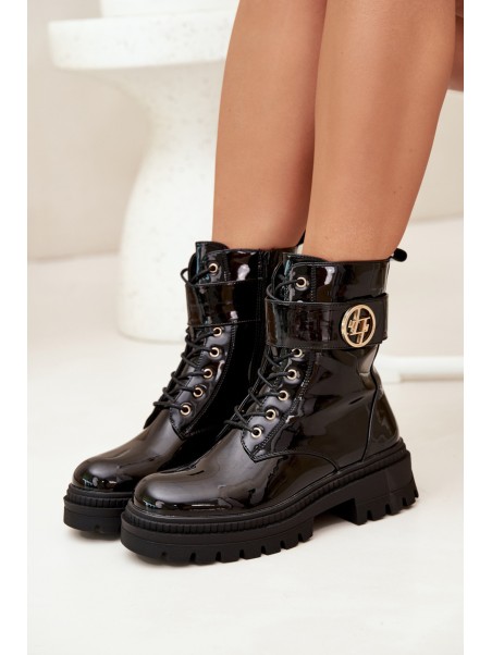 Lacquered ankle boots workers women's with golden detail insulated black Fiorena