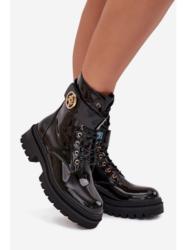 Lacquered ankle boots workers women's with golden detail insulated black Fiorena