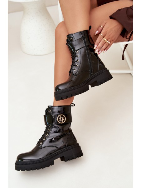 Lacquered ankle boots workers women's with golden detail insulated black Fiorena
