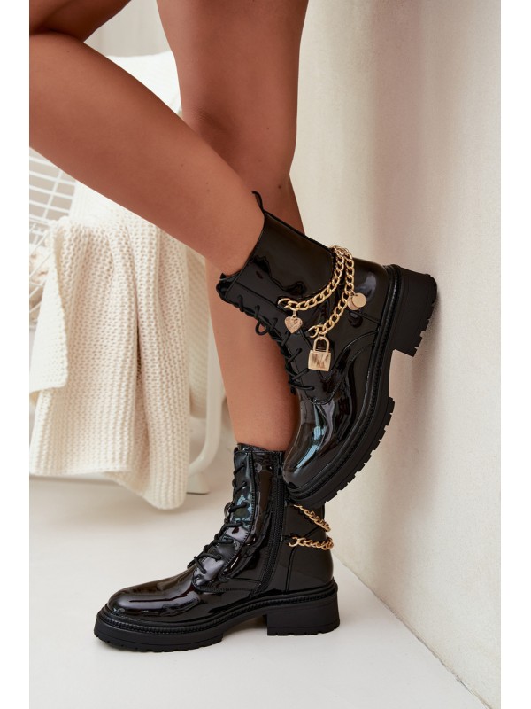 Lacquered Ankle Boots Workers Women's With Golden Chain Insulated Black Sarinae
