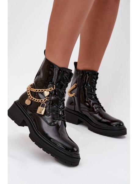 Lacquered Ankle Boots Workers Women's With Golden Chain Insulated Black Sarinae