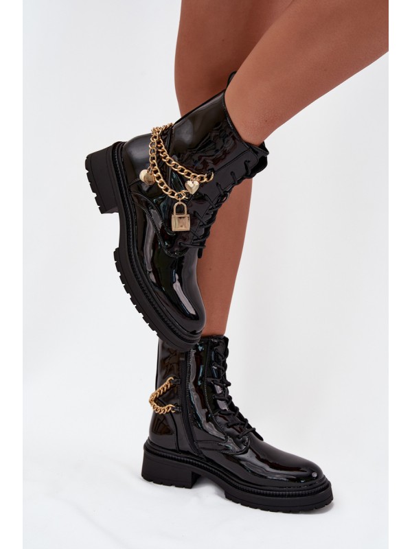 Lacquered Ankle Boots Workers Women's With Golden Chain Insulated Black Sarinae