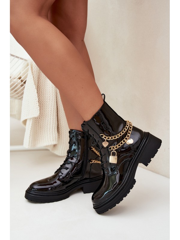 Lacquered Ankle Boots Workers Women's With Golden Chain Insulated Black Sarinae