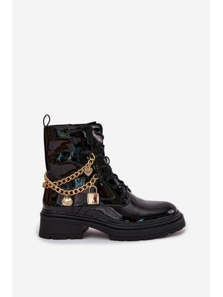 Lacquered Ankle Boots Workers Women's With Golden Chain Insulated Black Sarinae