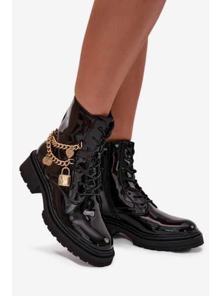 Lacquered Ankle Boots Workers Women's With Golden Chain Insulated Black Sarinae