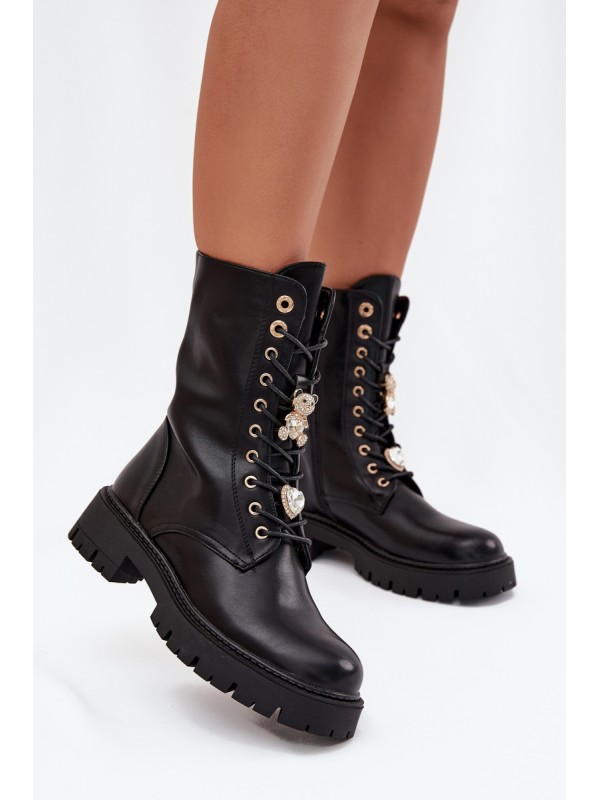 Women's Worker Ankle Boots With Pins Insulated Black Lomina