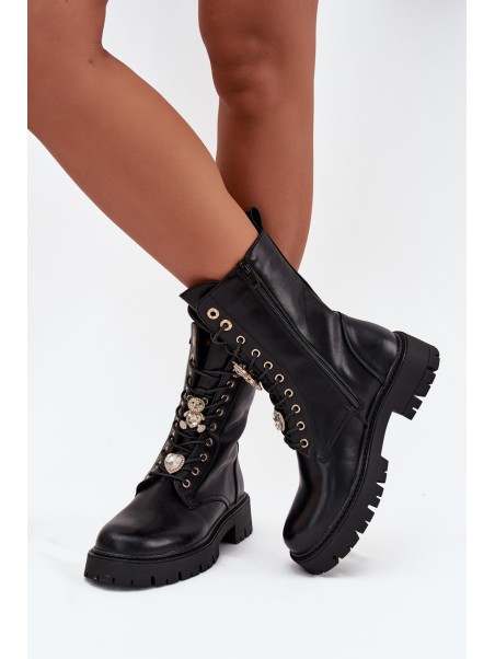 Women's Worker Ankle Boots With Pins Insulated Black Lomina