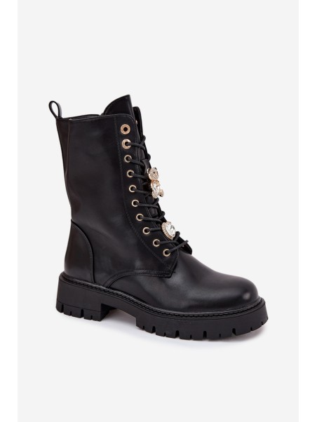 Women's Worker Ankle Boots With Pins Insulated Black Lomina