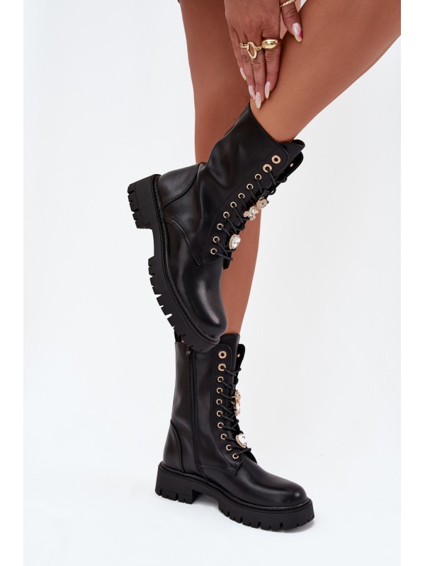 Women's Worker Ankle Boots With Pins Insulated Black Lomina