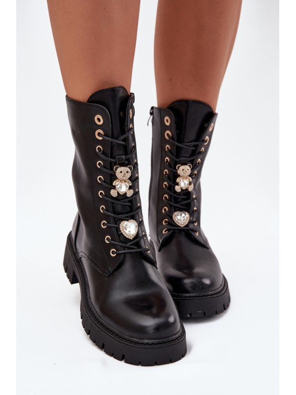 Women's Worker Ankle Boots With Pins Insulated Black Lomina