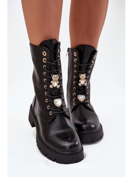 Women's Worker Ankle Boots With Pins Insulated Black Lomina