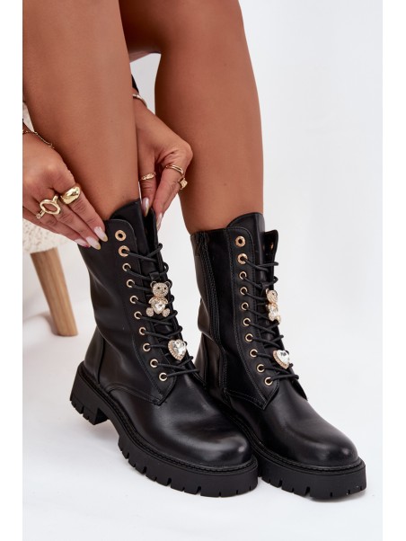 Women's Worker Ankle Boots With Pins Insulated Black Lomina