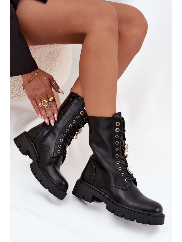 Women's Worker Ankle Boots With Pins Insulated Black Lomina