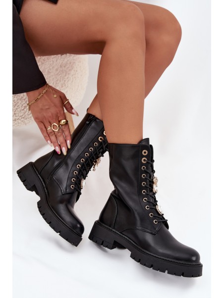 Women's Worker Ankle Boots With Pins Insulated Black Lomina