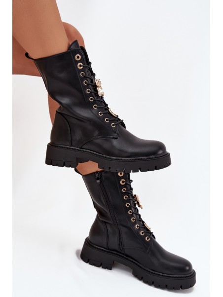 Women's Worker Ankle Boots With Pins Insulated Black Lomina