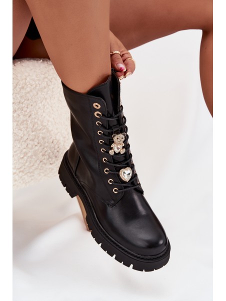 Women's Worker Ankle Boots With Pins Insulated Black Lomina