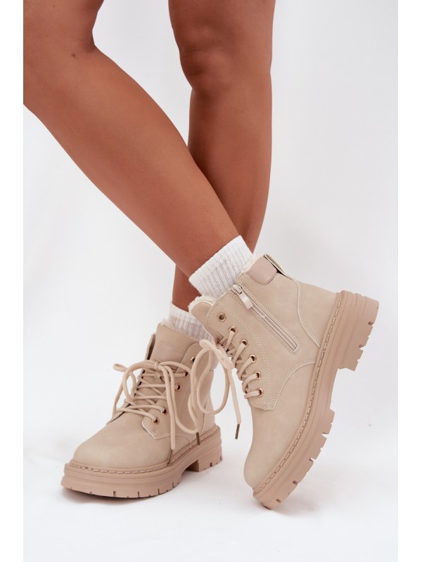 Ladies insulated boots with fur and zipper light beige Tharika