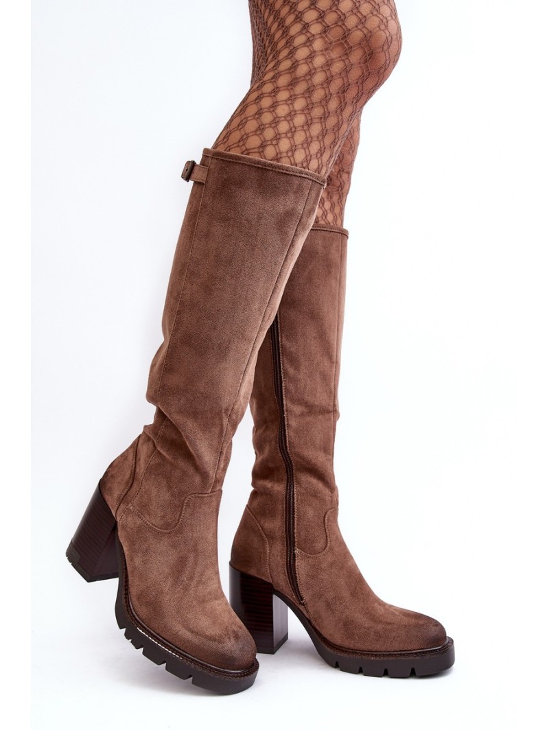 Women's Chunky Heel Boots with Padded Dark Beige Alzeta