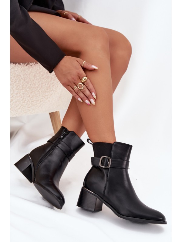 Warm Ladies Ankle Boots With Heel Strap And Buckle Black Sylira