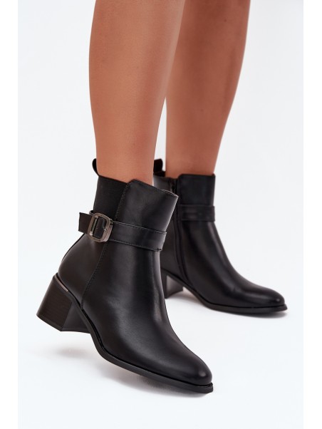 Warm Ladies Ankle Boots With Heel Strap And Buckle Black Sylira