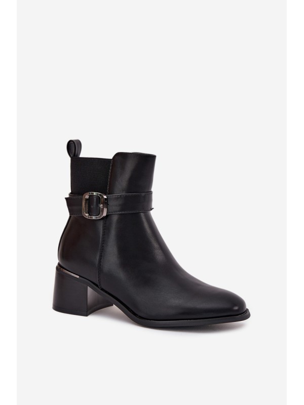 Warm Ladies Ankle Boots With Heel Strap And Buckle Black Sylira
