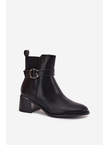 Warm Ladies Ankle Boots With Heel Strap And Buckle Black Sylira