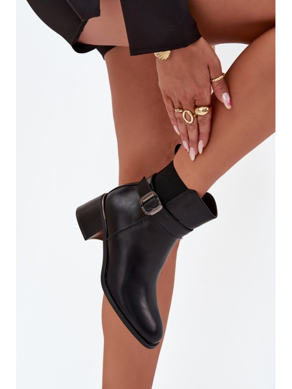 Warm Ladies Ankle Boots With Heel Strap And Buckle Black Sylira