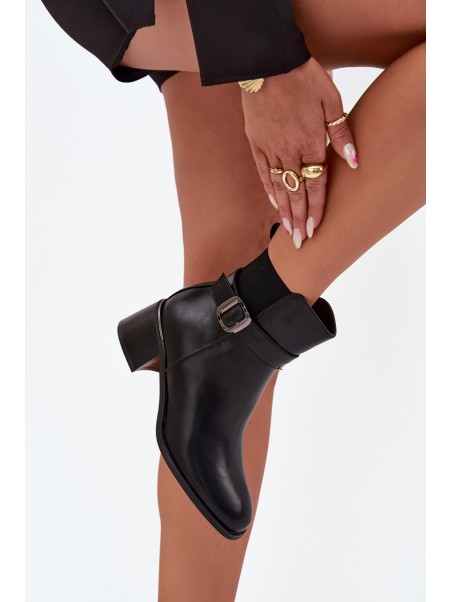 Warm Ladies Ankle Boots With Heel Strap And Buckle Black Sylira