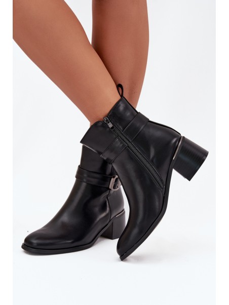 Warm Ladies Ankle Boots With Heel Strap And Buckle Black Sylira