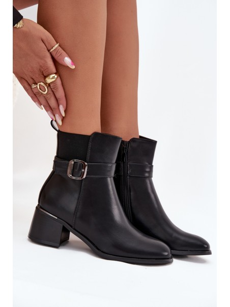 Warm Ladies Ankle Boots With Heel Strap And Buckle Black Sylira