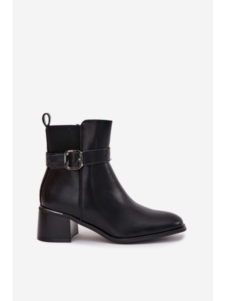 Warm Ladies Ankle Boots With Heel Strap And Buckle Black Sylira