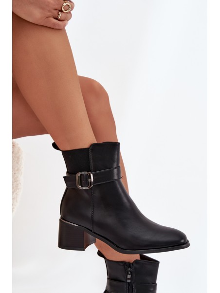 Warm Ladies Ankle Boots With Heel Strap And Buckle Black Sylira