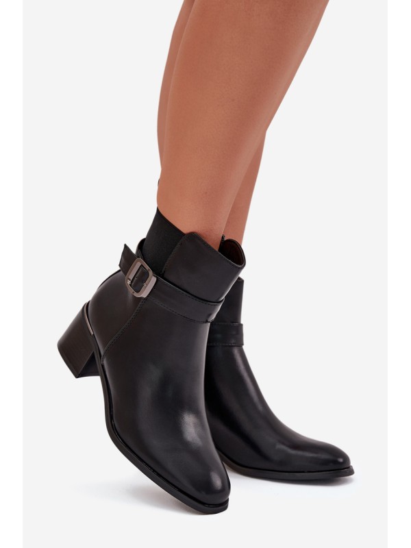 Warm Ladies Ankle Boots With Heel Strap And Buckle Black Sylira