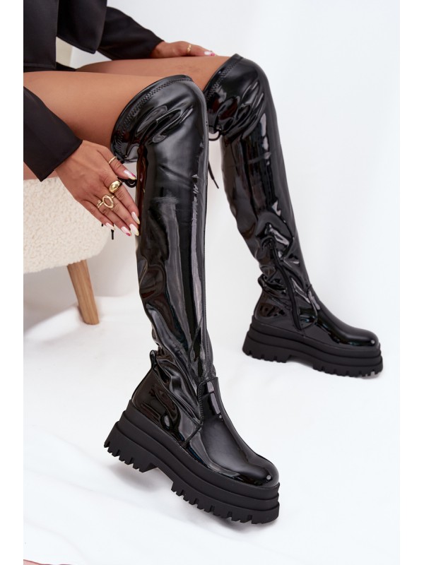 Glossy Knee High Boots On A Chunky Platform Black Ravela