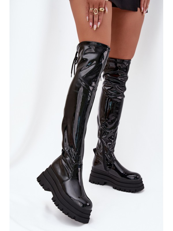 Glossy Knee High Boots On A Chunky Platform Black Ravela 2