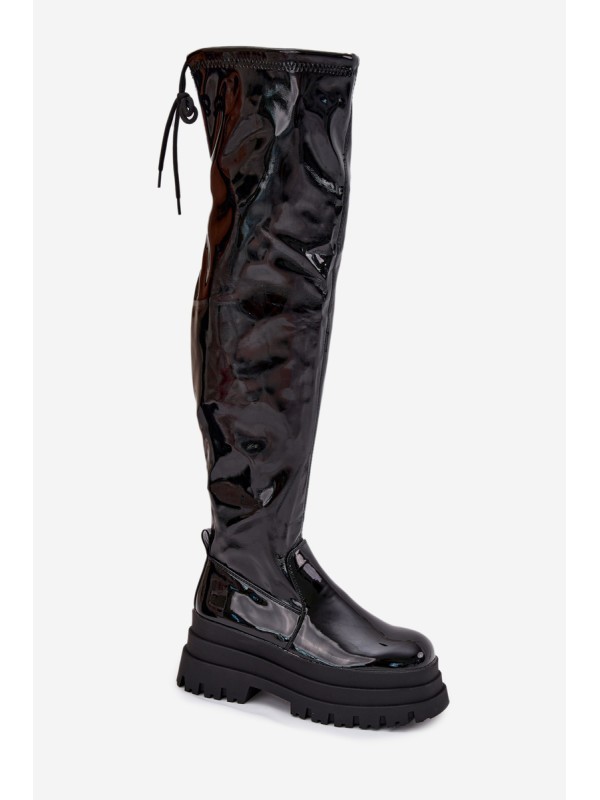 Glossy Knee High Boots On A Chunky Platform Black Ravela