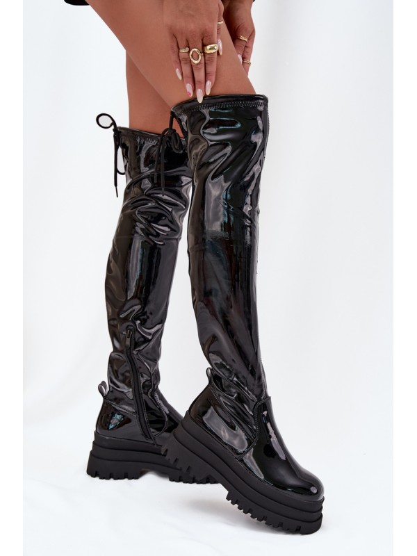 Glossy Knee High Boots On A Chunky Platform Black Ravela