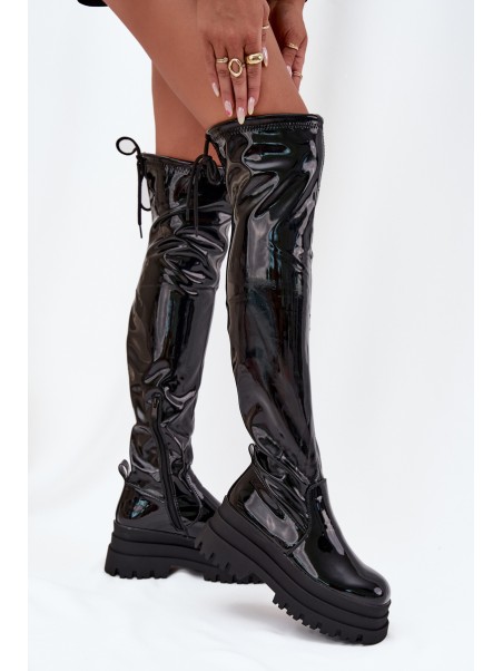 Glossy Knee High Boots On A Chunky Platform Black Ravela