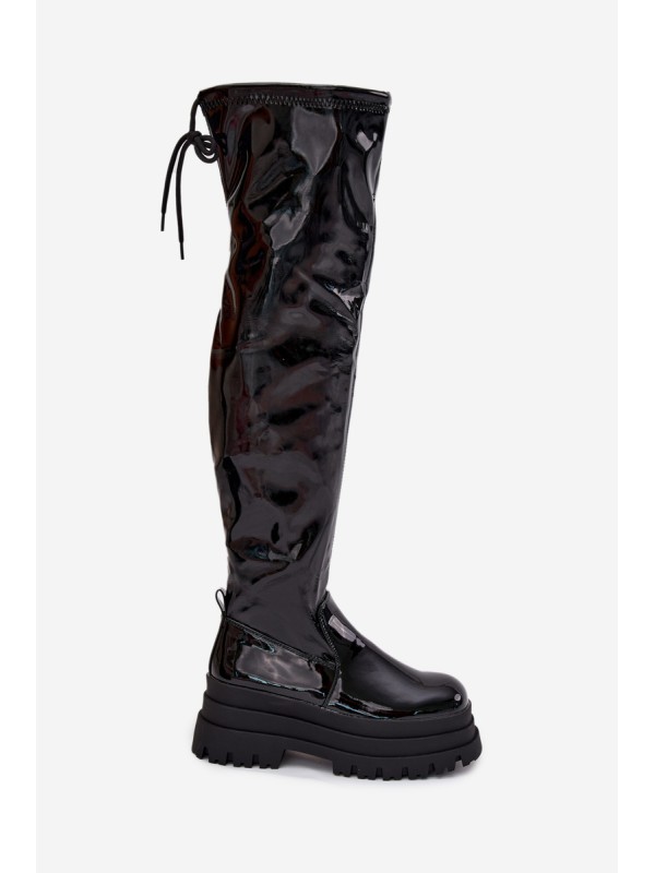Glossy Knee High Boots On A Chunky Platform Black Ravela