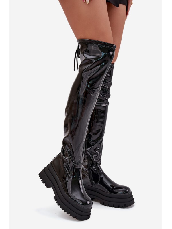 Glossy Knee High Boots On A Chunky Platform Black Ravela