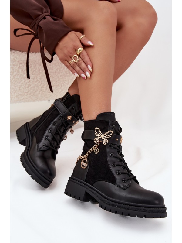 Women's Work Boots Insulated With Gold Chain And Charms Black Vessara