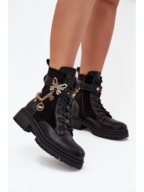 Women's Work Boots Insulated With Gold Chain And Charms Black Vessara