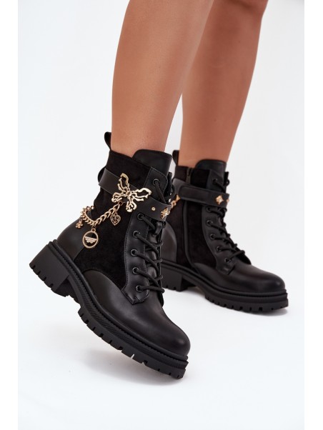 Women's Work Boots Insulated With Gold Chain And Charms Black Vessara