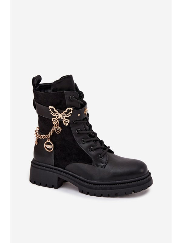 Women's Work Boots Insulated With Gold Chain And Charms Black Vessara