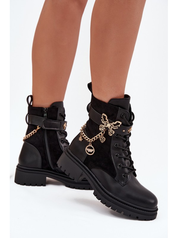 Women's Work Boots Insulated With Gold Chain And Charms Black Vessara