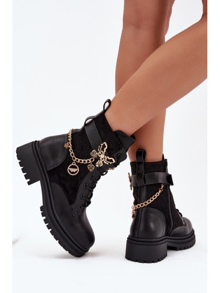 Women's Work Boots Insulated With Gold Chain And Charms Black Vessara