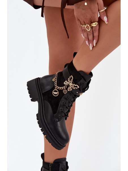 Women's Work Boots Insulated With Gold Chain And Charms Black Vessara